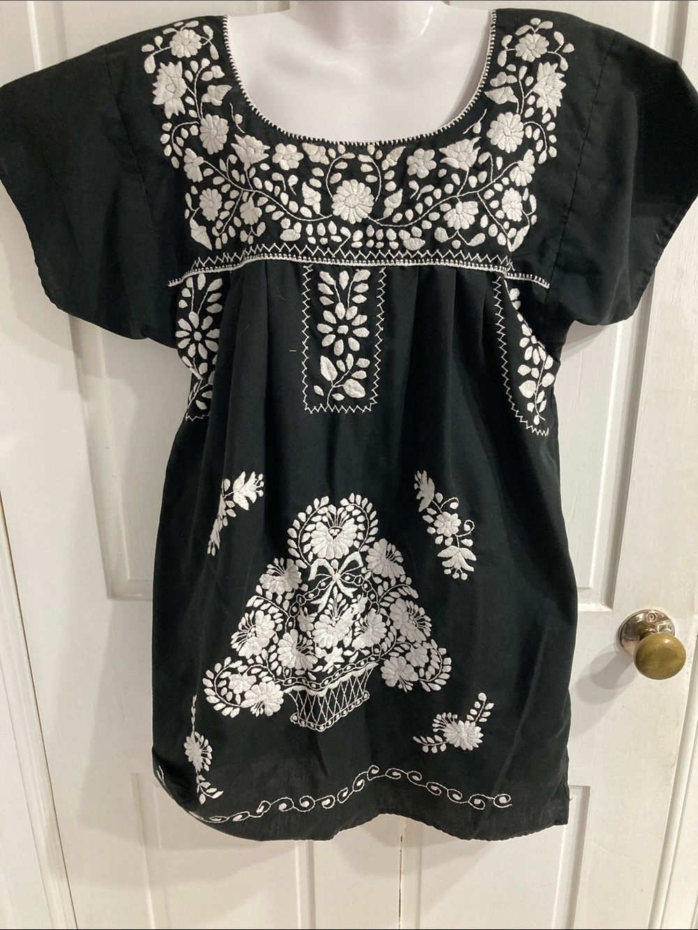Black Embroidered Mexican Peasant Dress with White Floral Stitching